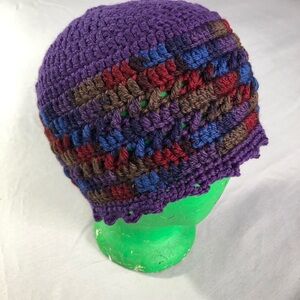 Hand Crocheted Beanie Cap Hat Dark Purple/ Multicolor Size L/XL Handmade Boho